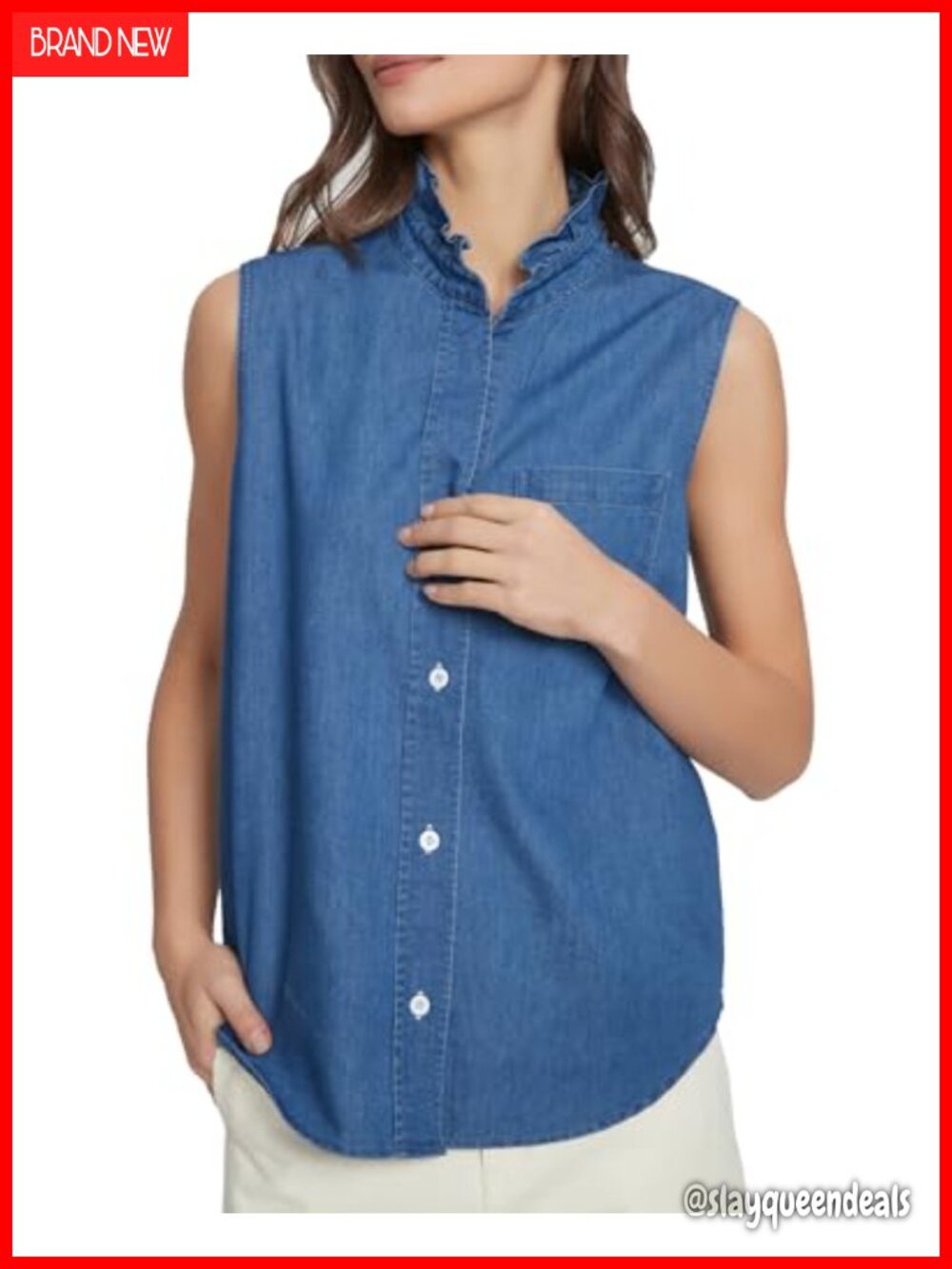 Sleeveless Chambray Denim Shirt Ruffle Collar Button Up Top